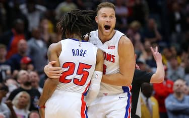 NEW ORLEANS, LOUISIANA - DECEMBER 09: Derrick Rose #25 of the Detroit Pistons celebrates a game-winning score with Blake Griffin #23 against the New Orleans Pelicans at the Smoothie King Center on December 09, 2019 in New Orleans, Louisiana. NOTE TO USER: User expressly acknowledges and agrees that, by downloading and or using this Photograph, user is consenting to the terms and conditions of the Getty Images License Agreement. (Photo by Jonathan Bachman/Getty Images)