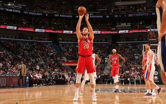 1187444320 NEW ORLEANS, LA - DECEMBER 9: Nicolo Melli #20 of the New Orleans Pelicans shoots a free throw against the Detroit Pistons on December 9, 2019 at the Smoothie King Center in New Orleans, Louisiana. NOTE TO USER: User expressly acknowledges and agrees that, by downloading and or using this Photograph, user is consenting to the terms and conditions of the Getty Images License Agreement. Mandatory Copyright Notice: Copyright 2019 NBAE (Photo by Layne Murdoch Jr./NBAE via Getty Images)