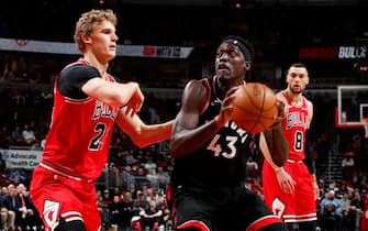 1187443422 CHICAGO, IL - DECEMBER 9: Pascal Siakam #43 of the Toronto Raptors handles the ball against the Chicago Bulls on December 9, 2019 at United Center in Chicago, Illinois. NOTE TO USER: User expressly acknowledges and agrees that, by downloading and or using this photograph, User is consenting to the terms and conditions of the Getty Images License Agreement. Mandatory Copyright Notice: Copyright 2019 NBAE (Photo by Jeff Haynes/NBAE via Getty Images)