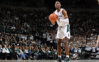 EAST LANSING, MI - NOVEMBER 10: Aaron Henry #11 of the Michigan State Spartans takes a free throw during the first half against the Binghamton Bearcats at Breslin Center on November 10, 2019 in East Lansing, Michigan. (Photo by Rey Del Rio/Getty Images)