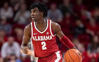FAYETTEVILLE, AR - MARCH 9:  Kira Lewis Jr. #2 of the Alabama Crimson Tide dribbles down the court during a game against the Arkansas Razorbacks at Bud Walton Arena on March 9, 2019 in Fayetteville, Arkansas.  The Razorbacks defeated the Crimson Tide 82-70.  (Photo by Wesley Hitt/Getty Images)