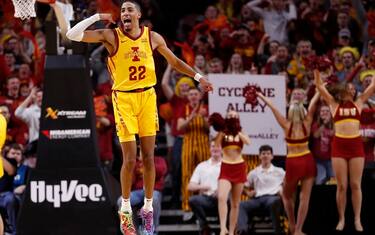 AMES, IA - DECEMBER 8: Tyrese Haliburton #22 of the Iowa State Cyclones reacts after scoring a three point shot in the second half of play at Hilton Coliseum on December 8, 2019 in Ames, Iowa. The Iowa State Cyclones won 76-66 over the Seton Hall Pirates. (Photo by David K Purdy/Getty Images)
