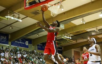 1184808583 LAHAINA, HI - NOVEMBER 26: Anthony Edwards #5 of the Georgia Bulldogs lays the ball in during the second half against the Michigan State Spartans at the Lahaina Civic Center on November 26, 2019 in Lahaina, Hawaii. (Photo by Darryl Oumi/Getty Images)