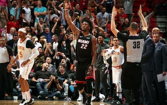 MIAMI, FL - DECEMBER 10: Jimmy Butler #22 of the Miami Heat reacts to a play during a game against the Atlanta Hawks on December 10, 2019 at American Airlines Arena in Miami, Florida. NOTE TO USER: User expressly acknowledges and agrees that, by downloading and or using this Photograph, user is consenting to the terms and conditions of the Getty Images License Agreement. Mandatory Copyright Notice: Copyright 2019 NBAE (Photo by Issac Baldizon/NBAE via Getty Images)