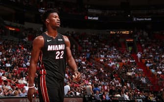 MIAMI, FL - DECEMBER 10: Jimmy Butler #22 of the Miami Heat looks on during a game against the Atlanta Hawks on December 10, 2019 at American Airlines Arena in Miami, Florida. NOTE TO USER: User expressly acknowledges and agrees that, by downloading and or using this Photograph, user is consenting to the terms and conditions of the Getty Images License Agreement. Mandatory Copyright Notice: Copyright 2019 NBAE (Photo by Issac Baldizon/NBAE via Getty Images)