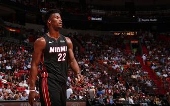 MIAMI, FL - DECEMBER 10: Jimmy Butler #22 of the Miami Heat looks on during a game against the Atlanta Hawks on December 10, 2019 at American Airlines Arena in Miami, Florida. NOTE TO USER: User expressly acknowledges and agrees that, by downloading and or using this Photograph, user is consenting to the terms and conditions of the Getty Images License Agreement. Mandatory Copyright Notice: Copyright 2019 NBAE (Photo by Issac Baldizon/NBAE via Getty Images)