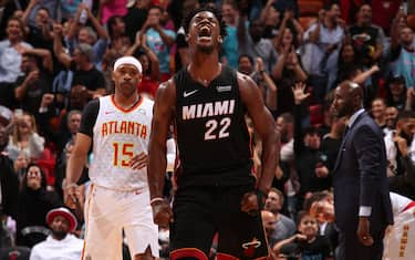 MIAMI, FL - DECEMBER 10: Jimmy Butler #22 of the Miami Heat reacts to a play during a game against the Atlanta Hawks on December 10, 2019 at American Airlines Arena in Miami, Florida. NOTE TO USER: User expressly acknowledges and agrees that, by downloading and or using this Photograph, user is consenting to the terms and conditions of the Getty Images License Agreement. Mandatory Copyright Notice: Copyright 2019 NBAE (Photo by Issac Baldizon/NBAE via Getty Images)