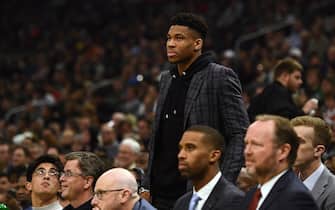 1193422176 MILWAUKEE, WISCONSIN - DECEMBER 11: Giannis Antetokounmpo #34 of the Milwaukee Bucks watches action during a game against the New Orleans Pelicans at Fiserv Forum on December 11, 2019 in Milwaukee, Wisconsin. NOTE TO USER: User expressly acknowledges and agrees that, by downloading and or using this photograph, User is consenting to the terms and conditions of the Getty Images License Agreement. (Photo by Stacy Revere/Getty Images)