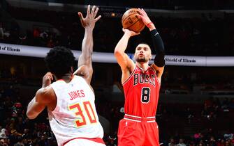 1188064844 CHICAGO, IL - DECEMBER 11: Zach LaVine #8 of the Chicago Bulls shoots the ball during the game against the Atlanta Hawks on December 11, 2019 at the United Center in Chicago, Illinois. NOTE TO USER: User expressly acknowledges and agrees that, by downloading and or using this photograph, user is consenting to the terms and conditions of the Getty Images License Agreement. Mandatory Copyright Notice: Copyright 2019 NBAE (Photo by Scott Cunningham/NBAE via Getty Images)