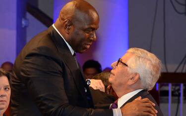 SPRINGFIELD, MA - AUGUST 8: Magic Johnson and David Stern chats during the 2014 Basketball Hall of Fame Enshrinement Ceremony on August 8, 2014 at the Mass Mutual Center in Springfield, Massachusetts. NOTE TO USER: User expressly acknowledges and agrees that, by downloading and/or using this photograph, user is consenting to the terms and conditions of the Getty Images License Agreement.  Mandatory Copyright Notice: Copyright 2014 NBAE (Photo by Andrew D. Bernstein/NBAE via Getty Images)