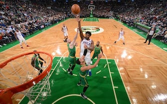 BOSTON, MA - DECEMBER 12: Joel Embiid #21 of the Philadelphia 76ers shoots the ball against the Boston Celtics on December 12, 2019 at the TD Garden in Boston, Massachusetts.  NOTE TO USER: User expressly acknowledges and agrees that, by downloading and or using this photograph, User is consenting to the terms and conditions of the Getty Images License Agreement. Mandatory Copyright Notice: Copyright 2019 NBAE  (Photo by Brian Babineau/NBAE via Getty Images)