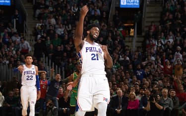 BOSTON, MA - DECEMBER 12: Joel Embiid #21 of the Philadelphia 76ers reacts to play against the Boston Celtics on December 12, 2019 at the TD Garden in Boston, Massachusetts.  NOTE TO USER: User expressly acknowledges and agrees that, by downloading and or using this photograph, User is consenting to the terms and conditions of the Getty Images License Agreement. Mandatory Copyright Notice: Copyright 2019 NBAE  (Photo by Brian Babineau/NBAE via Getty Images)