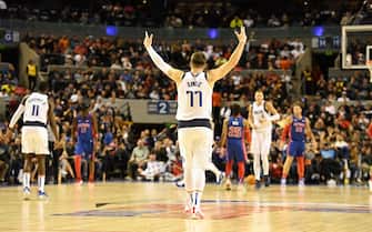 MEXICO CITY, MEXICO - DECEMBER 12: Luka Doncic #77 of the Dallas Mavericks celebrates a made three point basket during the game against the Detroit Pistons on December 12, 2019 at Arena Ciudad de Mexico in Mexico City, Mexico. NOTE TO USER: User expressly acknowledges and agrees that, by downloading and/or using this Photograph, user is consenting to the terms and conditions of the Getty Images License Agreement. Mandatory Copyright Notice: Copyright 2019 NBAE (Photo by Andrew D. Bernstein/NBAE via Getty Images)