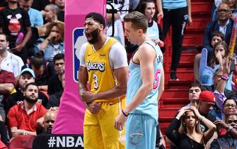 1188351053 MIAMI, FL - DECEMBER 13: Anthony Davis #3 of the Los Angeles Lakers reacts to a made basket during a game against the Miami Heat on December 13, 2019 at the American Airlines Arena in Miami, Florida. NOTE TO USER: User expressly acknowledges and agrees that, by downloading and or using this photograph, User is consenting to the terms and conditions of the Getty Images License Agreement. Mandatory Copyright Notice: Copyright 2019 NBAE (Photo by Brian Babineau/NBAE via Getty Images)