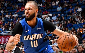 1188347206 ORLANDO, FL - DECEMBER 13: Evan Fournier #10 of the Orlando Magic drives to the basket against the Houston Rockets on December 13, 2019 at Amway Center in Orlando, Florida. NOTE TO USER: User expressly acknowledges and agrees that, by downloading and or using this photograph, User is consenting to the terms and conditions of the Getty Images License Agreement. Mandatory Copyright Notice: Copyright 2019 NBAE (Photo by Fernando Medina/NBAE via Getty Images)