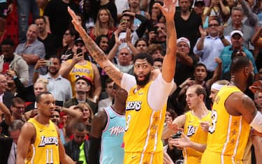 MIAMI, FL - DECEMBER 13: Anthony Davis #3 of the Los Angeles Lakers celebrates after the game against the Miami Heat on December 13 , 2019 at American Airlines Arena in Miami, Florida. NOTE TO USER: User expressly acknowledges and agrees that, by downloading and or using this Photograph, user is consenting to the terms and conditions of the Getty Images License Agreement. Mandatory Copyright Notice: Copyright 2019 NBAE (Photo by Issac Baldizon/NBAE via Getty Images)