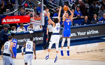 DALLAS, TX - OCTOBER 14: Danilo Gallinari #8 of the Oklahoma City Thunder shoots the ball during a pre-season game against the Dallas Mavericks on October 14, 2019 at  American Airlines Center in Dallas, TX. NOTE TO USER: User expressly acknowledges and agrees that, by downloading and or using this photograph, User is consenting to the terms and conditions of the Getty Images License Agreement. Mandatory Copyright Notice: Copyright 2019 NBAE (Photo by Zach Beeker/NBAE via Getty Images)