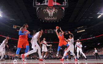 PORTLAND, OR - DECEMBER 8: Danilo Gallinari #8 of the Oklahoma City Thunder shoots the ball against the Portland Trail Blazers on December 8, 2019 at the Moda Center Arena in Portland, Oregon. NOTE TO USER: User expressly acknowledges and agrees that, by downloading and or using this photograph, user is consenting to the terms and conditions of the Getty Images License Agreement. Mandatory Copyright Notice: Copyright 2019 NBAE (Photo by Sam Forencich/NBAE via Getty Images)