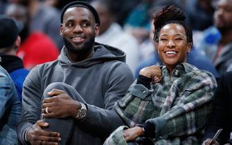 COLUMBUS, OH - DECEMBER 14: LeBron James of the Los Angeles Lakers and wife Savannah James look on while watching Sierra Canyon High School during the Ohio Scholastic Play-By-Play Classic against St. Vincent-St. Mary High School at Nationwide Arena on December 14, 2019 in Columbus, Ohio. (Photo by Joe Robbins/Getty Images)