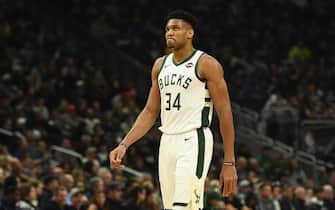 MILWAUKEE, WISCONSIN - DECEMBER 14:  Giannis Antetokounmpo #34 of the Milwaukee Bucks walks backcourt during a game against the Cleveland Cavaliers during the first half of a game at Fiserv Forum on December 14, 2019 in Milwaukee, Wisconsin. NOTE TO USER: User expressly acknowledges and agrees that, by downloading and or using this photograph, User is consenting to the terms and conditions of the Getty Images License Agreement.  (Photo by Stacy Revere/Getty Images)