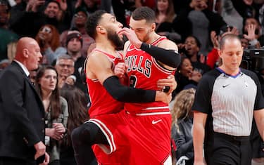CHICAGO, IL - DECEMBER 14: Denzel Valentine #45, and Zach LaVine #8 of the Chicago Bulls celebrate after the game against the LA Clippers on December 14, 2019 at United Center in Chicago, Illinois. NOTE TO USER: User expressly acknowledges and agrees that, by downloading and or using this photograph, User is consenting to the terms and conditions of the Getty Images License Agreement. Mandatory Copyright Notice: Copyright 2019 NBAE (Photo by Jeff Haynes/NBAE via Getty Images)
