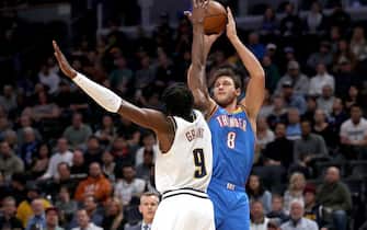 DENVER, COLORADO - DECEMBER 14: Danilo Gallinari #8 of the Oklahoma City Thunder puts up a shot over Jerami Grant #9 of the Denver Nuggets in the second quarter at Pepsi Center on December 14, 2019 in Denver, Colorado. NOTE TO USER: User expressly acknowledges and agrees that, by downloading and or using this photograph, User is consenting to the terms and conditions of the Getty Images License Agreement. (Photo by Matthew Stockman/Getty Images)