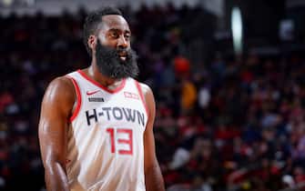 HOUSTON, TX - DECEMBER 14: James Harden #13 of the Houston Rockets looks on during the game against the Detroit Pistons on December 14, 2019 at the Toyota Center in Houston, Texas. NOTE TO USER: User expressly acknowledges and agrees that, by downloading and or using this photograph, User is consenting to the terms and conditions of the Getty Images License Agreement. Mandatory Copyright Notice: Copyright 2019 NBAE (Photo by Cato Cataldo/NBAE via Getty Images)