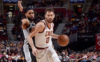 CLEVELAND, OH - APRIL 7: Kevin Love #0 of the Cleveland Cavaliers drives to the basket against the San Antonio Spurs on April 7, 2019 at Quicken Loans Arena in Cleveland, Ohio. NOTE TO USER: User expressly acknowledges and agrees that, by downloading and/or using this Photograph, user is consenting to the terms and conditions of the Getty Images License Agreement. Mandatory Copyright Notice: Copyright 2019 NBAE (Photo by David Liam Kyle/NBAE via Getty Images)