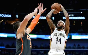 NEW ORLEANS, LOUISIANA - DECEMBER 15: Brandon Ingram #14 of the New Orleans Pelicans shoots over Nikola Vucevic #9 of the Orlando Magic during a NBA game at Smoothie King Center on December 15, 2019 in New Orleans, Louisiana. NOTE TO USER: User expressly acknowledges and agrees that, by downloading and or using this photograph, User is consenting to the terms and conditions of the Getty Images License Agreement. (Photo by Sean Gardner/Getty Images)
