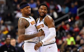 WASHINGTON, DC - MARCH 21: Torrey Craig #3 of the Denver Nuggets and Malik Beasley #25 of the Denver Nuggets celebrate after a play against the Washington Wizards during the second half at Capital One Arena on March 21, 2019 in Washington, DC. NOTE TO USER: User expressly acknowledges and agrees that, by downloading and or using this photograph, User is consenting to the terms and conditions of the Getty Images License Agreement. (Photo by Will Newton/Getty Images)