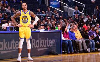 SAN FRANCISCO, CA - DECEMBER 15: D'Angelo Russell #0 of the Golden State Warriors looks on during the game against the Sacramento Kings on December 15, 2019 at Chase Center in San Francisco, California. NOTE TO USER: User expressly acknowledges and agrees that, by downloading and or using this photograph, user is consenting to the terms and conditions of Getty Images License Agreement. Mandatory Copyright Notice: Copyright 2019 NBAE (Photo by Noah Graham/NBAE via Getty Images)