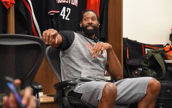 SALT LAKE CITY, UT - APRIL 22: Nene Hilario #42 of the Houston Rockets is seen in the locker room before the game against the Utah Jazz during Game Four of Round One of the 2019 NBA Playoffs on April 22, 2019 at vivint.SmartHome Arena in Salt Lake City, Utah. NOTE TO USER: User expressly acknowledges and agrees that, by downloading and or using this Photograph, User is consenting to the terms and conditions of the Getty Images License Agreement. Mandatory Copyright Notice: Copyright 2019 NBAE (Photo by Bill Baptist/NBAE via Getty Images)