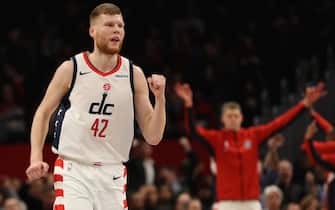 WASHINGTON, DC - DECEMBER 05: Davis Bertans #42 of the Washington Wizards reacts against the Philadelphia 76ers during the first half at Capital One Arena on December 5, 2019 in Washington, DC. NOTE TO USER: User expressly acknowledges and agrees that, by downloading and or using this photograph, User is consenting to the terms and conditions of the Getty Images License Agreement. (Photo by Patrick Smith/Getty Images)