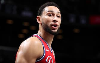 BROOKLYN, NY - DECEMBER 15: Ben Simmons #25 of the Philadelphia 76ers looks on during the game against the Brooklyn Nets on December 15, 2019 at Barclays Center in Brooklyn, New York. NOTE TO USER: User expressly acknowledges and agrees that, by downloading and or using this Photograph, user is consenting to the terms and conditions of the Getty Images License Agreement. Mandatory Copyright Notice: Copyright 2019 NBAE (Photo by Nathaniel S. Butler/NBAE via Getty Images)