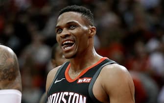 HOUSTON, TEXAS - DECEMBER 16: Russell Westbrook #0 of the Houston Rockets reacts after missing a shot to end the third quarter against the San Antonio Spurs at Toyota Center on December 16, 2019 in Houston, Texas. NOTE TO USER: User expressly acknowledges and agrees that, by downloading and/or using this photograph, user is consenting to the terms and conditions of the Getty Images License Agreement. (Photo by Bob Levey/Getty Images)