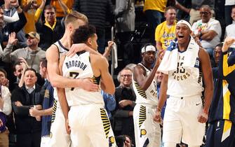 INDIANAPOLIS, IN - DECEMBER 17: The Indiana Pacers celebrate after the game against the Los Angeles Lakers on December 17, 2019 at Bankers Life Fieldhouse in Indianapolis, Indiana. NOTE TO USER: User expressly acknowledges and agrees that, by downloading and or using this Photograph, user is consenting to the terms and conditions of the Getty Images License Agreement. Mandatory Copyright Notice: Copyright 2019 NBAE (Photo by Joe Murphy/NBAE via Getty Images)