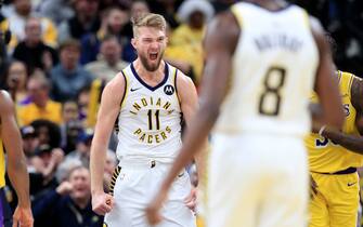 INDIANAPOLIS, INDIANA - DECEMBER 17:   Domantas Sabonis #11 of the Indiana Pacers celebrates in the game against the Los Angeles Lakers at Bankers Life Fieldhouse on December 17, 2019 in Indianapolis, Indiana.     NOTE TO USER: User expressly acknowledges and agrees that, by downloading and or using this photograph, User is consenting to the terms and conditions of the Getty Images License Agreement. (Photo by Andy Lyons/Getty Images)