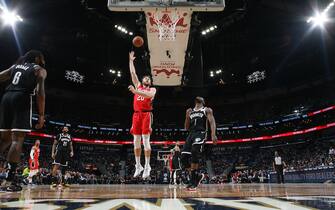 NEW ORLEANS, LA - DECEMBER 17: Nicolo Melli #20 of the New Orleans Pelicans shoots the ball during the game against the Brooklyn Nets on January 1, 2019 at the Smoothie King Center in New Orleans, Louisiana. NOTE TO USER: User expressly acknowledges and agrees that, by downloading and or using this Photograph, user is consenting to the terms and conditions of the Getty Images License Agreement. Mandatory Copyright Notice: Copyright 2019 NBAE (Photo by Layne Murdoch Jr./NBAE via Getty Images)