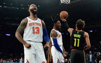 NEW YORK, NEW YORK - DECEMBER 17:  Marcus Morris Sr. #13 of the New York Knicks reacts during the second half of their game against the Atlanta Hawks at Madison Square Garden on December 17, 2019 in New York City. NOTE TO USER: User expressly acknowledges and agrees that, by downloading and or using this photograph, User is consenting to the terms and conditions of the Getty Images License Agreement. (Photo by Emilee Chinn/Getty Images)
