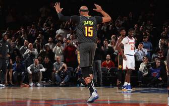 NEW YORK, NY - December 17: Vince Carter #15 of the Atlanta Hawks celebrated during the game against the New York Knicks on December 17, 2019 at Madison Square Garden in New York City, New York.  NOTE TO USER: User expressly acknowledges and agrees that, by downloading and or using this photograph, User is consenting to the terms and conditions of the Getty Images License Agreement. Mandatory Copyright Notice: Copyright 2019 NBAE  (Photo by Nathaniel S. Butler/NBAE via Getty Images)