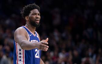PHILADELPHIA, PA - DECEMBER 18: Joel Embiid #21 of the Philadelphia 76ers reacts against the Miami Heat in the fourth quarter at the Wells Fargo Center on December 18, 2019 in Philadelphia, Pennsylvania. The Heat defeated the 76ers 108-104. NOTE TO USER: User expressly acknowledges and agrees that, by downloading and/or using this photograph, user is consenting to the terms and conditions of the Getty Images License Agreement. (Photo by Mitchell Leff/Getty Images)