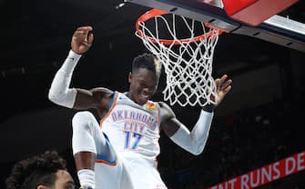 1189577231 OKLAHOMA CITY, OK- DECEMBER 18: Dennis Schroder #17 of the Oklahoma City Thunder reacts to a play during the game against the Memphis Grizzlies on December 18, 2019 at Chesapeake Energy Arena in Oklahoma City, Oklahoma. NOTE TO USER: User expressly acknowledges and agrees that, by downloading and or using this photograph, User is consenting to the terms and conditions of the Getty Images License Agreement. Mandatory Copyright Notice: Copyright 2019 NBAE (Photo by Zach Beeker/NBAE via Getty Images)