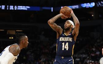 MINNEAPOLIS, MN - DECEMBER 18: Brandon Ingram #14 of the New Orleans Pelicans shoots the ball against the Minnesota Timberwolves on December 18, 2019 at Target Center in Minneapolis, Minnesota. NOTE TO USER: User expressly acknowledges and agrees that, by downloading and or using this Photograph, user is consenting to the terms and conditions of the Getty Images License Agreement. Mandatory Copyright Notice: Copyright 2019 NBAE (Photo by Jordan Johnson/NBAE via Getty Images)