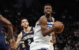 MINNEAPOLIS, MN - DECEMBER 18: Andrew Wiggins #22 of the Minnesota Timberwolves drives to the basket against the New Orleans Pelicans on December 18, 2019 at Target Center in Minneapolis, Minnesota. NOTE TO USER: User expressly acknowledges and agrees that, by downloading and or using this Photograph, user is consenting to the terms and conditions of the Getty Images License Agreement. Mandatory Copyright Notice: Copyright 2019 NBAE (Photo by Jordan Johnson/NBAE via Getty Images)
