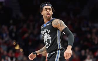 PORTLAND, OREGON - DECEMBER 18: D'Angelo Russell #0 of the Golden State Warriors reacts in the first quarter against the Portland Trail Blazers during their game at Moda Center on December 18, 2019 in Portland, Oregon. NOTE TO USER: User expressly acknowledges and agrees that, by downloading and or using this photograph, User is consenting to the terms and conditions of the Getty Images License Agreement (Photo by Abbie Parr/Getty Images)