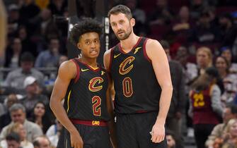 CLEVELAND, OHIO - DECEMBER 18: Collin Sexton #2 of the Cleveland Cavaliers talks with Kevin Love #0 during the second half against the Charlotte Hornets at Rocket Mortgage Fieldhouse on December 18, 2019 in Cleveland, Ohio. The Cavaliers defeated the Hornets 100-98. NOTE TO USER: User expressly acknowledges and agrees that, by downloading and/or using this photograph, user is consenting to the terms and conditions of the Getty Images License Agreement. (Photo by Jason Miller/Getty Images)