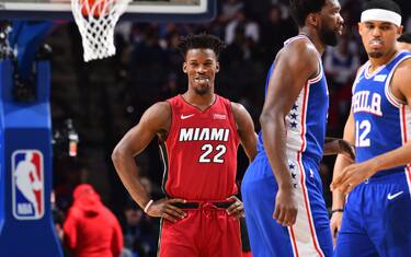 PHILADELPHIA, PA - DECEMBER 18: Jimmy Butler #22 of the Miami Heat smiles prior to a game against the Philadelphia 76ers on December 18, 2019 at the Wells Fargo Center in Philadelphia, Pennsylvania NOTE TO USER: User expressly acknowledges and agrees that, by downloading and/or using this Photograph, user is consenting to the terms and conditions of the Getty Images License Agreement. Mandatory Copyright Notice: Copyright 2019 NBAE (Photo by Jesse D. Garrabrant/NBAE via Getty Images)