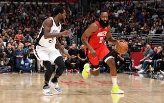 LOS ANGELES, CA - DECEMBER 19: James Harden #13 of the Houston Rockets handles the ball against the LA Clippers on December 19, 2019 at STAPLES Center in Los Angeles, California. NOTE TO USER: User expressly acknowledges and agrees that, by downloading and/or using this Photograph, user is consenting to the terms and conditions of the Getty Images License Agreement. Mandatory Copyright Notice: Copyright 2019 NBAE (Photo by Andrew D. Bernstein/NBAE via Getty Images)