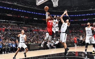 LOS ANGELES, CA - DECEMBER 19: Russell Westbrook #0 of the Houston Rockets drives to the basket against the LA Clippers on December 19, 2019 at STAPLES Center in Los Angeles, California. NOTE TO USER: User expressly acknowledges and agrees that, by downloading and/or using this Photograph, user is consenting to the terms and conditions of the Getty Images License Agreement. Mandatory Copyright Notice: Copyright 2019 NBAE (Photo by Andrew D. Bernstein/NBAE via Getty Images)
