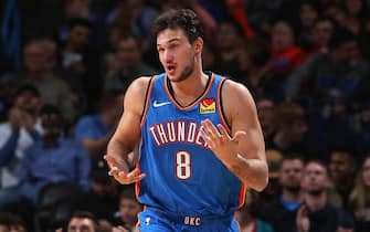1189671844 OKLAHOMA CITY, OK- DECEMBER 20: Danilo Gallinari #8 of the Oklahoma City Thunder reacts to play against the Phoenix Suns on December 20, 2019 at Chesapeake Energy Arena in Oklahoma City, Oklahoma. NOTE TO USER: User expressly acknowledges and agrees that, by downloading and or using this photograph, User is consenting to the terms and conditions of the Getty Images License Agreement. Mandatory Copyright Notice: Copyright 2019 NBAE (Photo by Zach Beeker/NBAE via Getty Images)